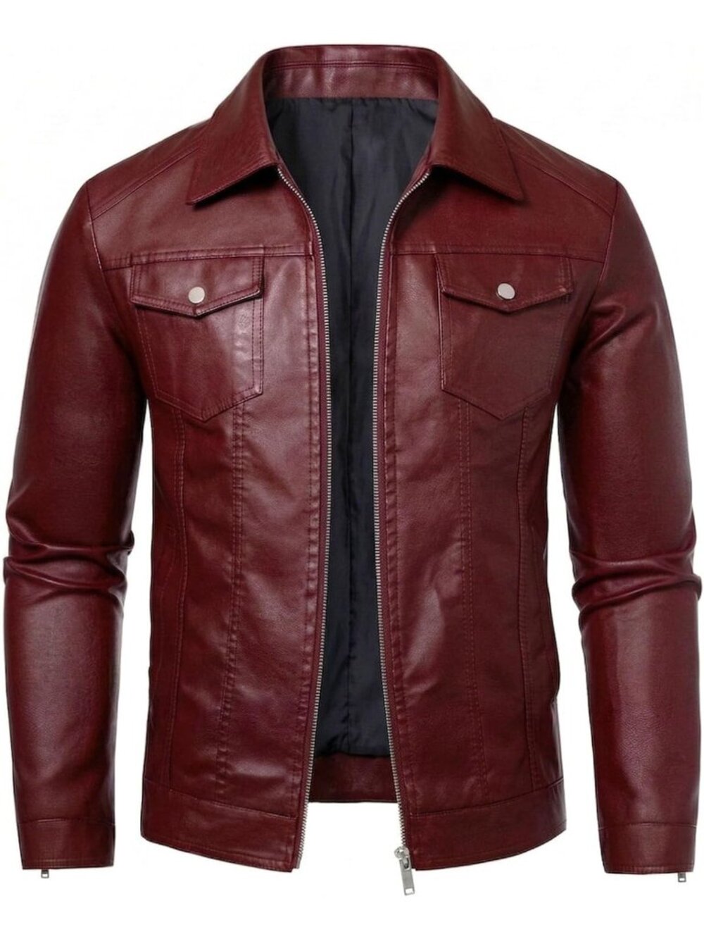Men's Dark Red Faux Leather Two Side Hand Pockets Motorcycle Biker Jacket
